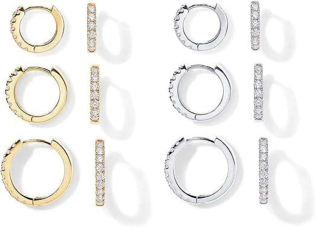 Mini Men Hoop Pairs Post, Pack 925 White Cartilage Gold Women Small 18K Hoop Helix 8mm Sterling 10mm Plated and 12mm Yellow Silver Pack for 6 Set Huggie PAVOI Earrings | Gold