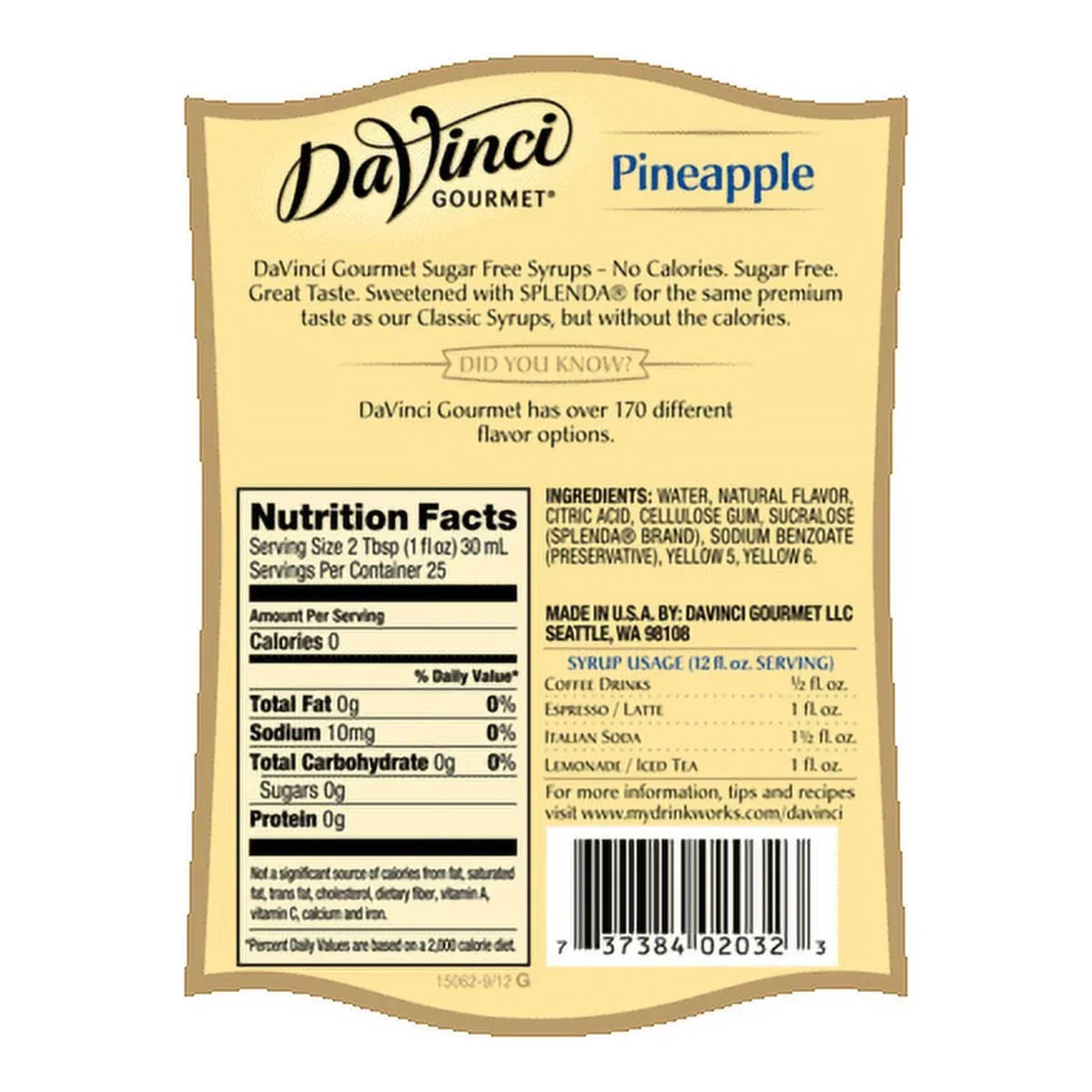 Pineapple, (Glass) Vinci Sugar Free mL Syrup, Da 750