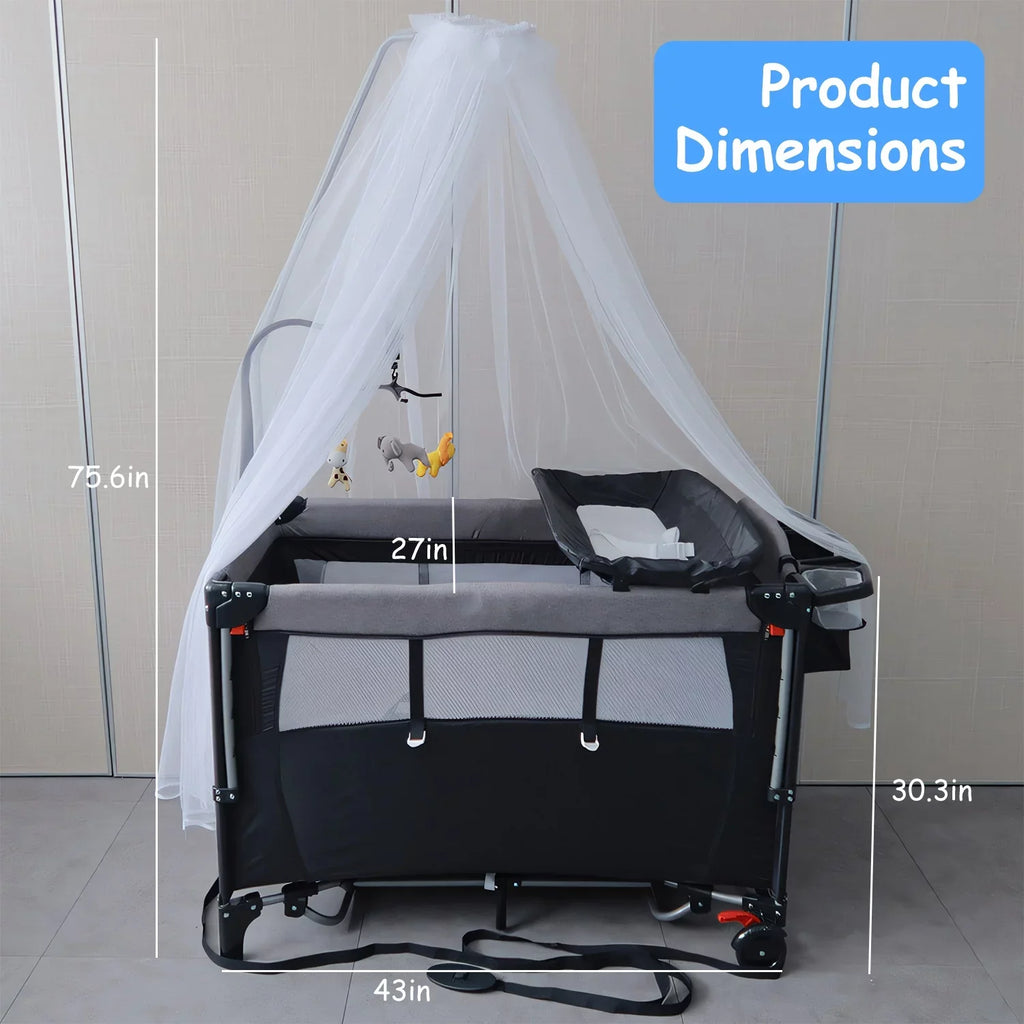 Music Babe Crib Toys Trayand Babe Center Storage In Play Box, 6 Wheels, Include Changing Foldable Nursery Yard, 1 Portable iMounTEK Canopy,