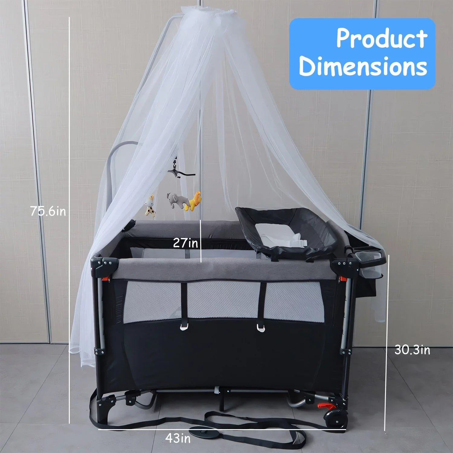 Music Babe Crib Toys Trayand Babe Center Storage In Play Box, 6 Wheels, Include Changing Foldable Nursery Yard, 1 Portable iMounTEK Canopy,