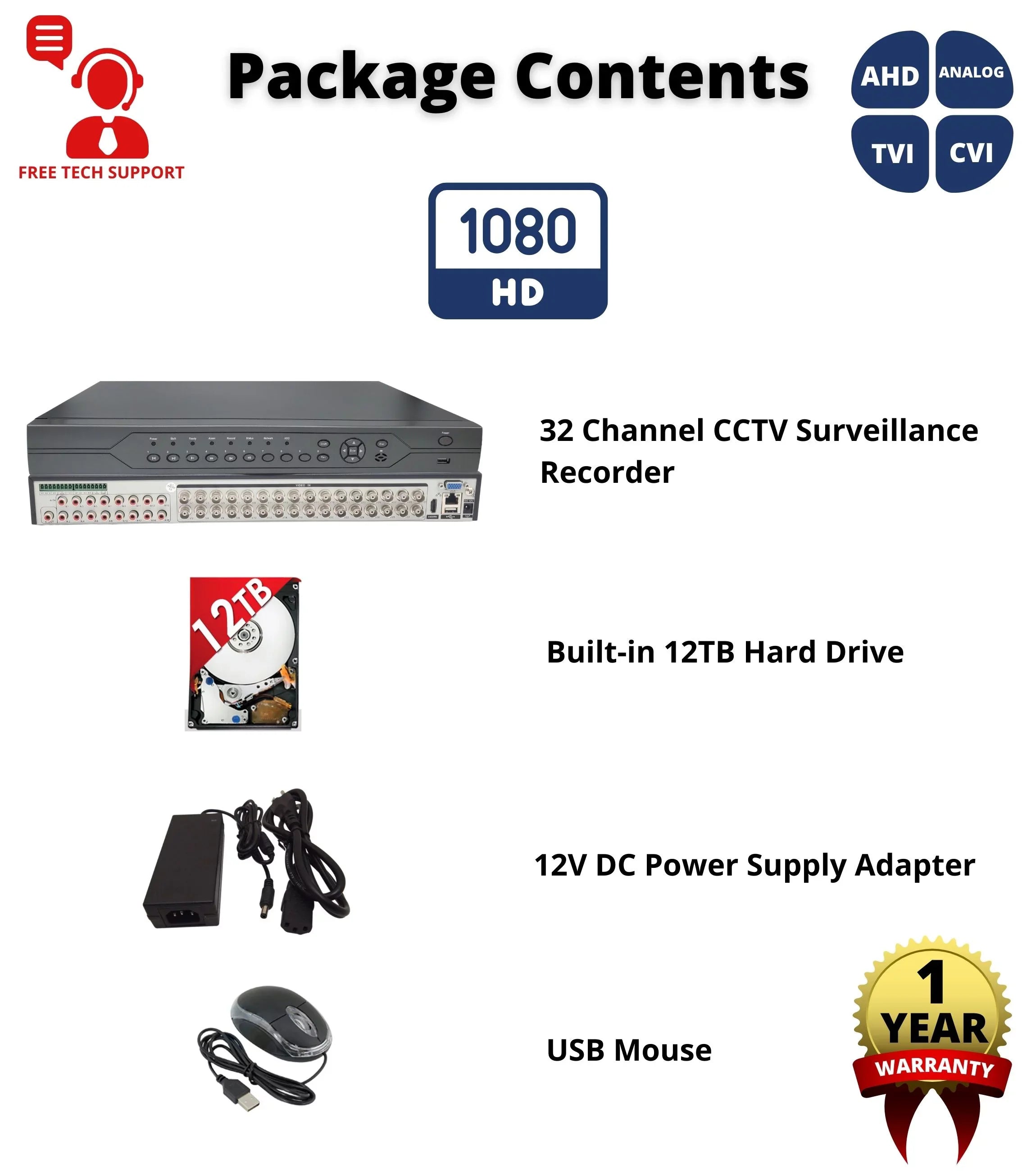 with Recorder Standalone Supports 1080p Analog TVI (960H) Evertech DVR Channel Drive and 12TB H.265 Hard Audio CVI Cameras, Remote Input Easy AHD 16x Surveillance Access Security 32