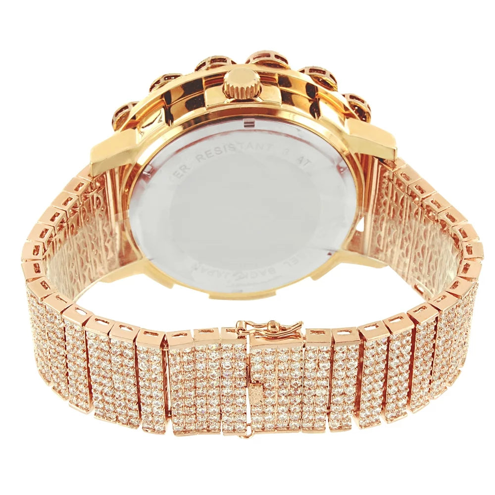 Khronos Gold Full Diamond Iced Men's Rose W/Date Flower Watch Bezel Face 14k Band Real Tone Out Big