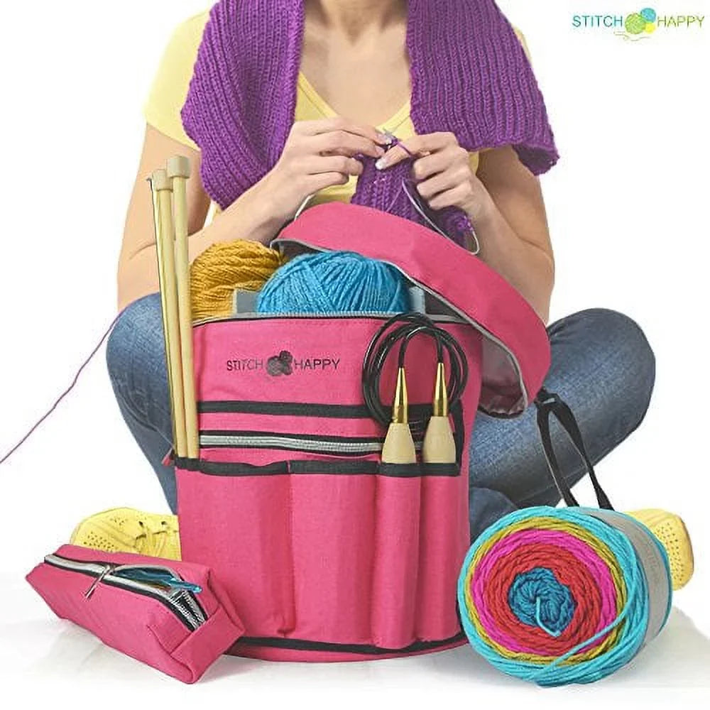Happy Organizer for of Storage Supplies + Yarn Knitting Bag Tote Crochet by 7 Projects, Case, Pockets & Divider Stitch Extra (Fuchsia) w/Tool -