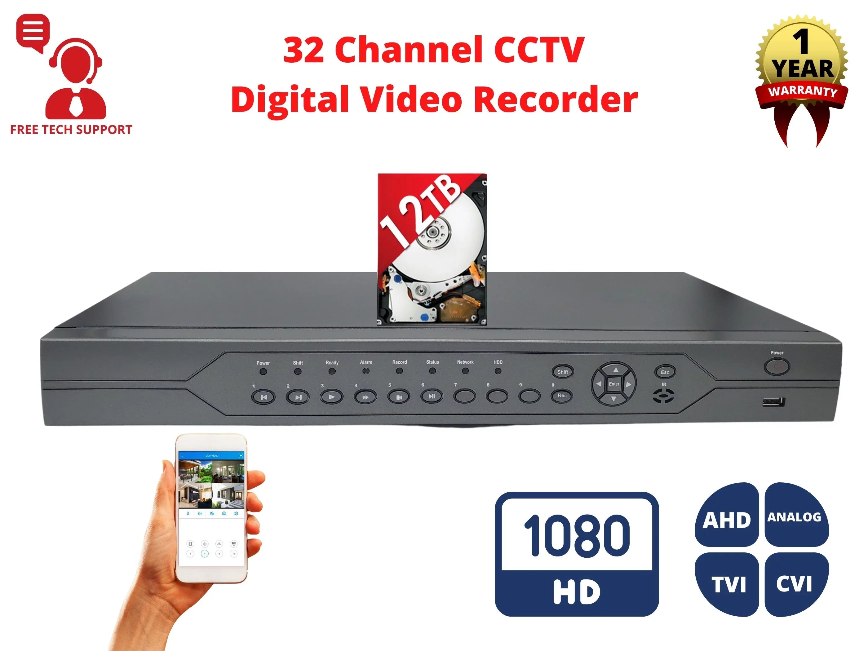 with Recorder Standalone Supports 1080p Analog TVI (960H) Evertech DVR Channel Drive and 12TB H.265 Hard Audio CVI Cameras, Remote Input Easy AHD 16x Surveillance Access Security 32