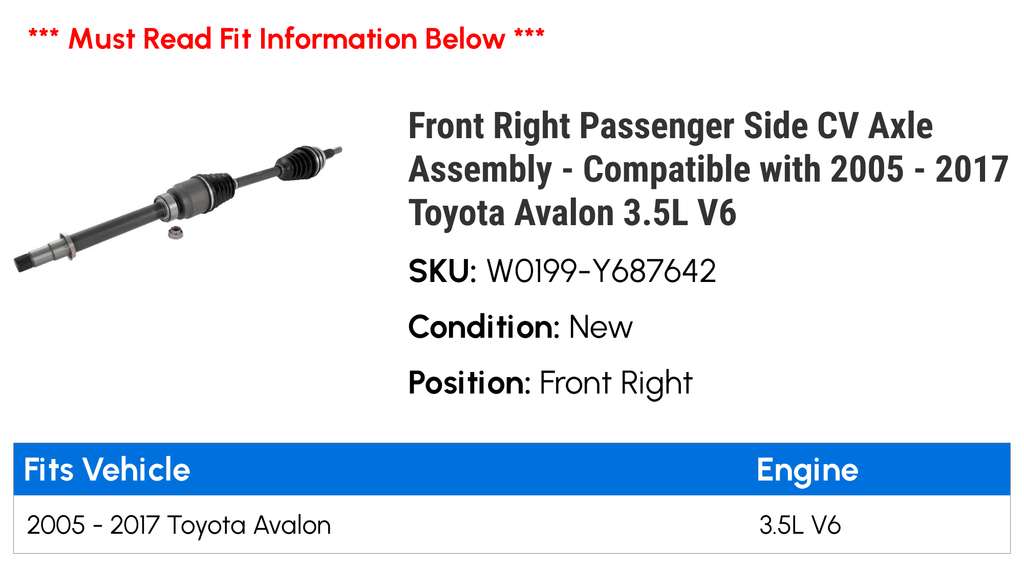 3.5L 2014 2013 V6 Side Axle Front Passenger 2009 2006 2011 2008 2016 Right Avalon with - 2017 Compatible 2010 2007 2005 2015 Assembly 2012 CV -