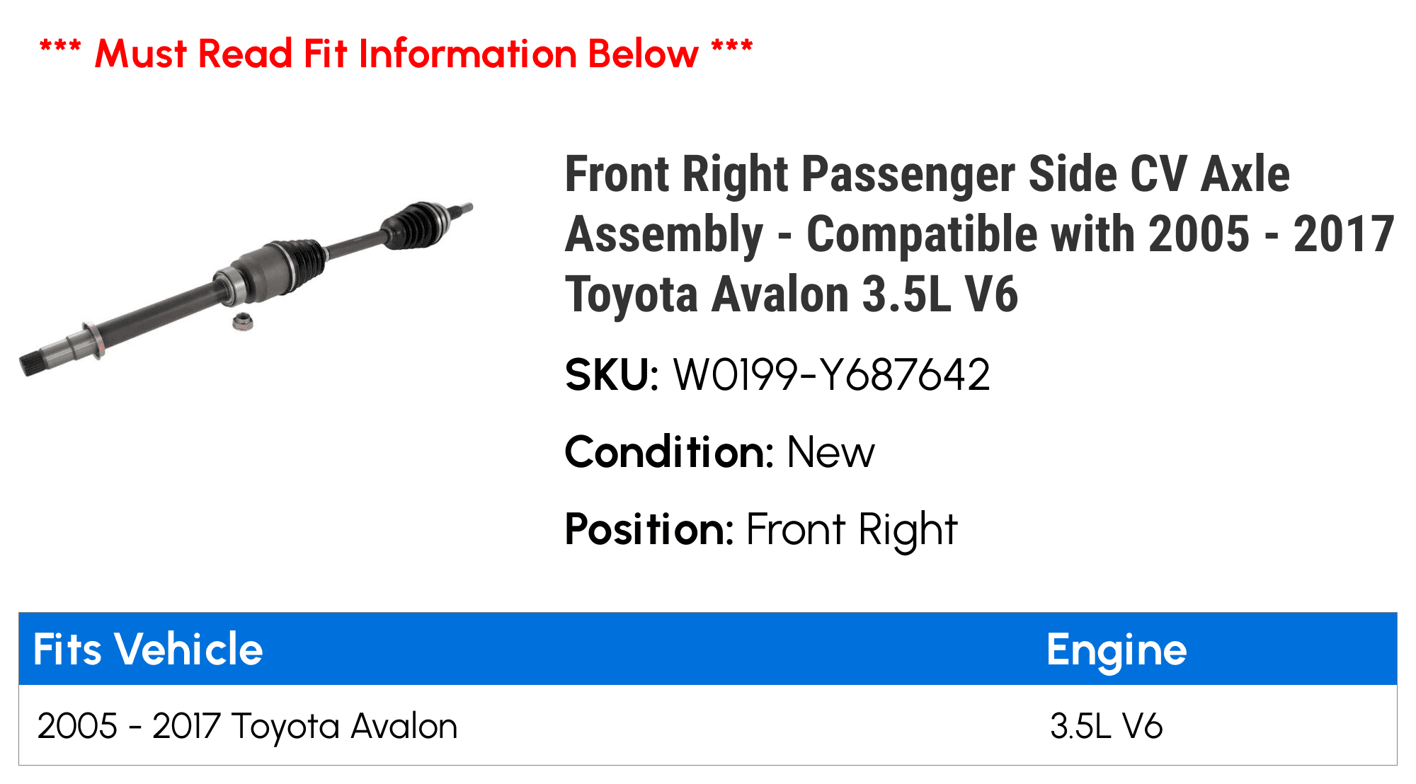 3.5L 2014 2013 V6 Side Axle Front Passenger 2009 2006 2011 2008 2016 Right Avalon with - 2017 Compatible 2010 2007 2005 2015 Assembly 2012 CV -