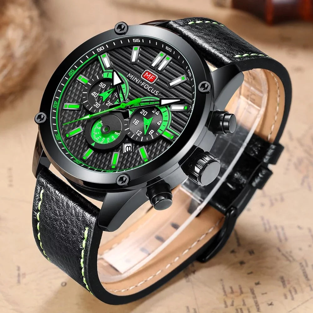 Masculino Homme Luxury Montre Wristwatch Watch Relogio Fashion Brand MINI FOCUS Black Sport Men Waterproof Leather Quartz Strap