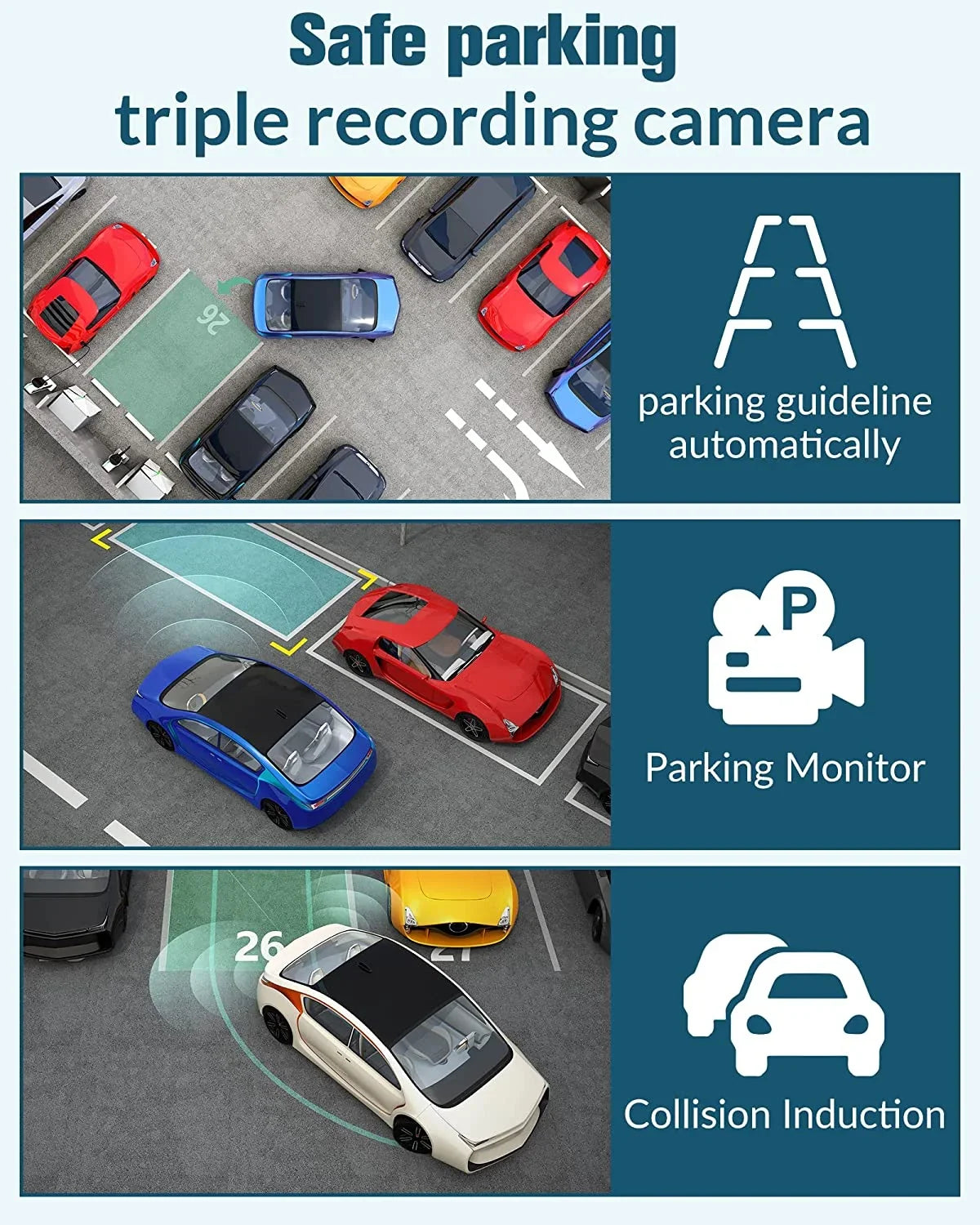 Dash Night with Vision,170°Wide Screen,WDR,Loop 32GB Angle,2.0'' Card,Built-in and Channel 3 Camera Super Full SD Rear Cam UHD Free IPS for Recording,24H Cars Front Dash Mode Parking Inside,4K