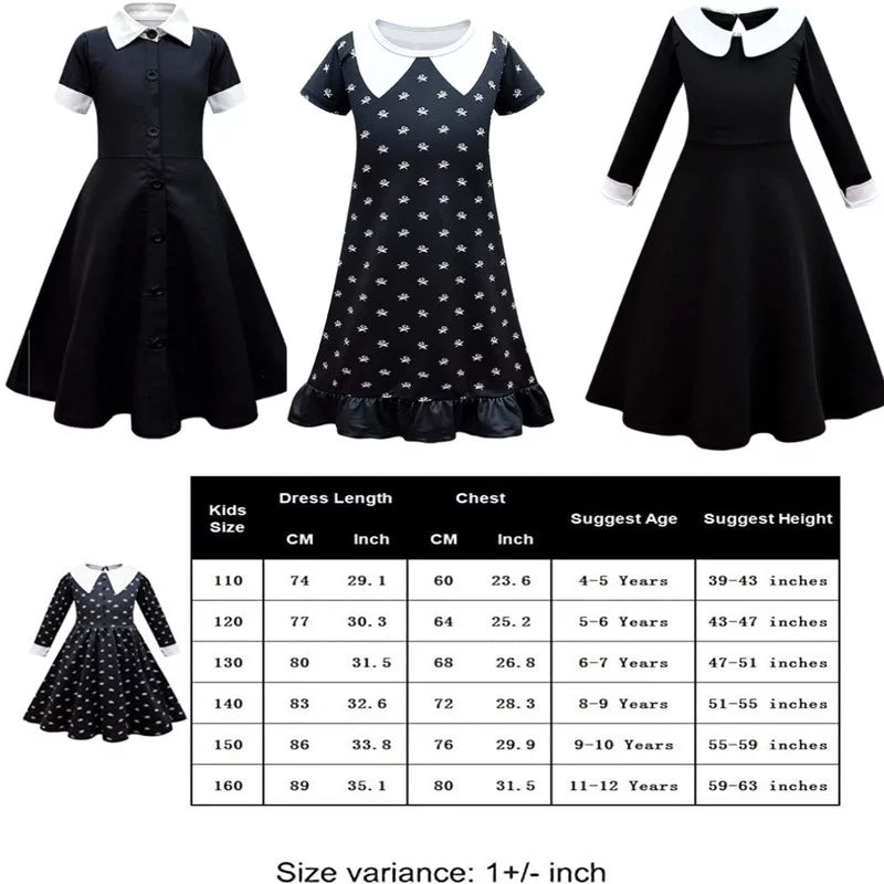 Kids with Wig Series Outfit outfit Sleeve Wednesday Addams Hkiytime outfit Skirt Girls Cosplay Long 2022 Halloween TV Clothes