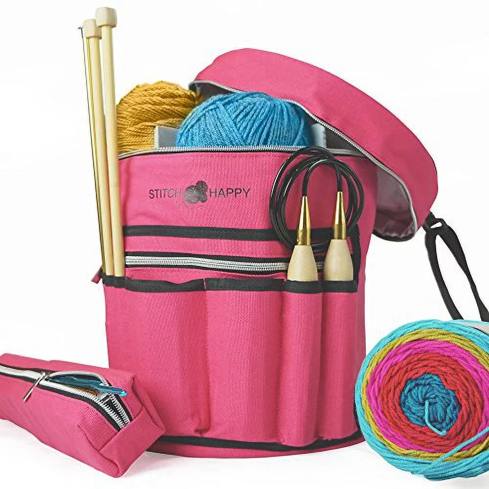 Happy Organizer for of Storage Supplies + Yarn Knitting Bag Tote Crochet by 7 Projects, Case, Pockets & Divider Stitch Extra (Fuchsia) w/Tool -