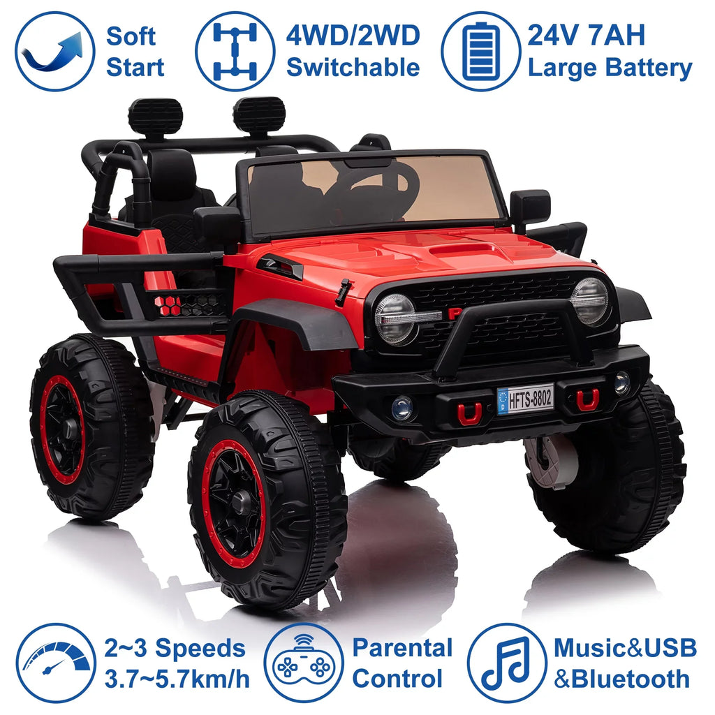 4 Switchable 20" Suspension, (Red) Extra Remote Control, Powerful On Wide Soft Seater 24V 4WD/2WD with Truck Electric Music, Engines, LED Light 2 Ride Brake, Seat, Car Kids Kids Vehicle with
