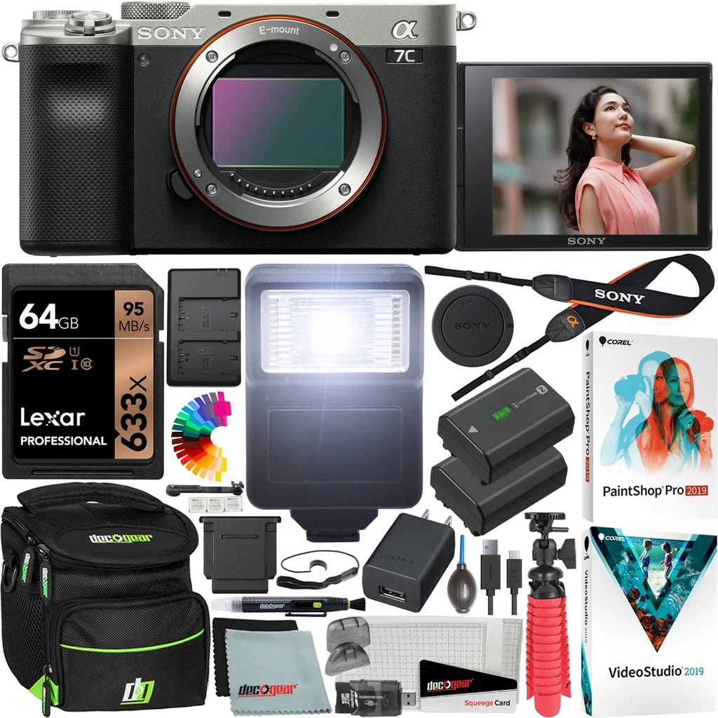'+ + Bundle Flash Extra + Mirrorless 7C Software Silver Battery with Body Frame Camera Case Interchangeable + Kit Gear + a7C Accessories Alpha Card and Deco ILCE7C/S Full Filters Only 64GB Lens