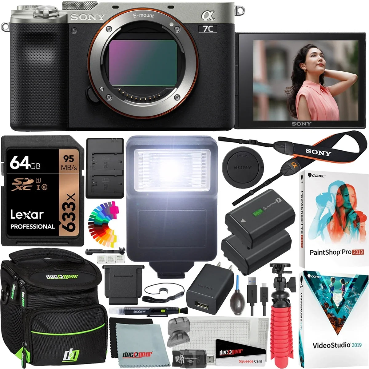 '+ + Bundle Flash Extra + Mirrorless 7C Software Silver Battery with Body Frame Camera Case Interchangeable + Kit Gear + a7C Accessories Alpha Card and Deco ILCE7C/S Full Filters Only 64GB Lens