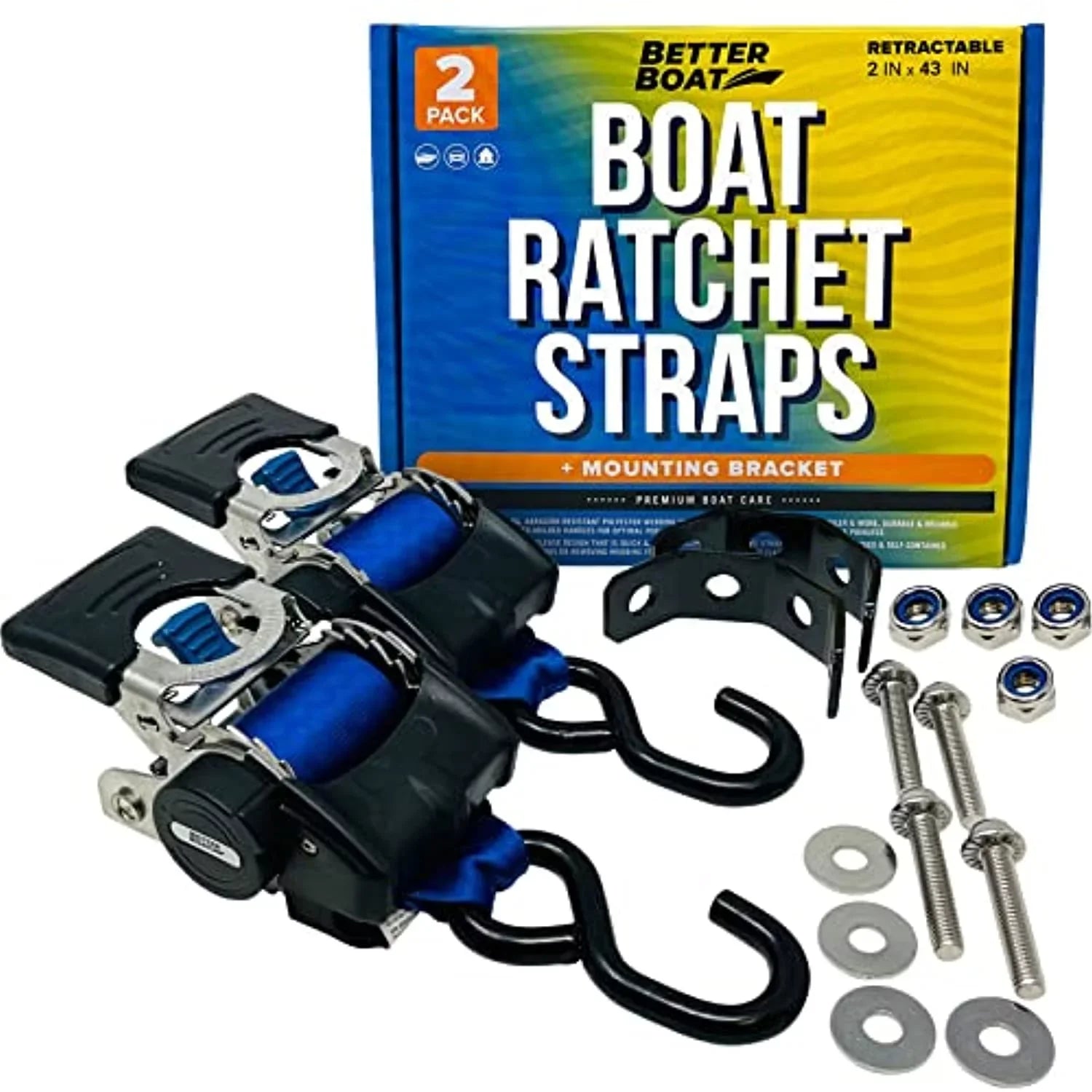 '- Brackets Mounting Buckle Ratchet Set Self-Retracting Heavy - Bolts Straps & Retractable Blue Cargo Stainless with 2x43 for Duty