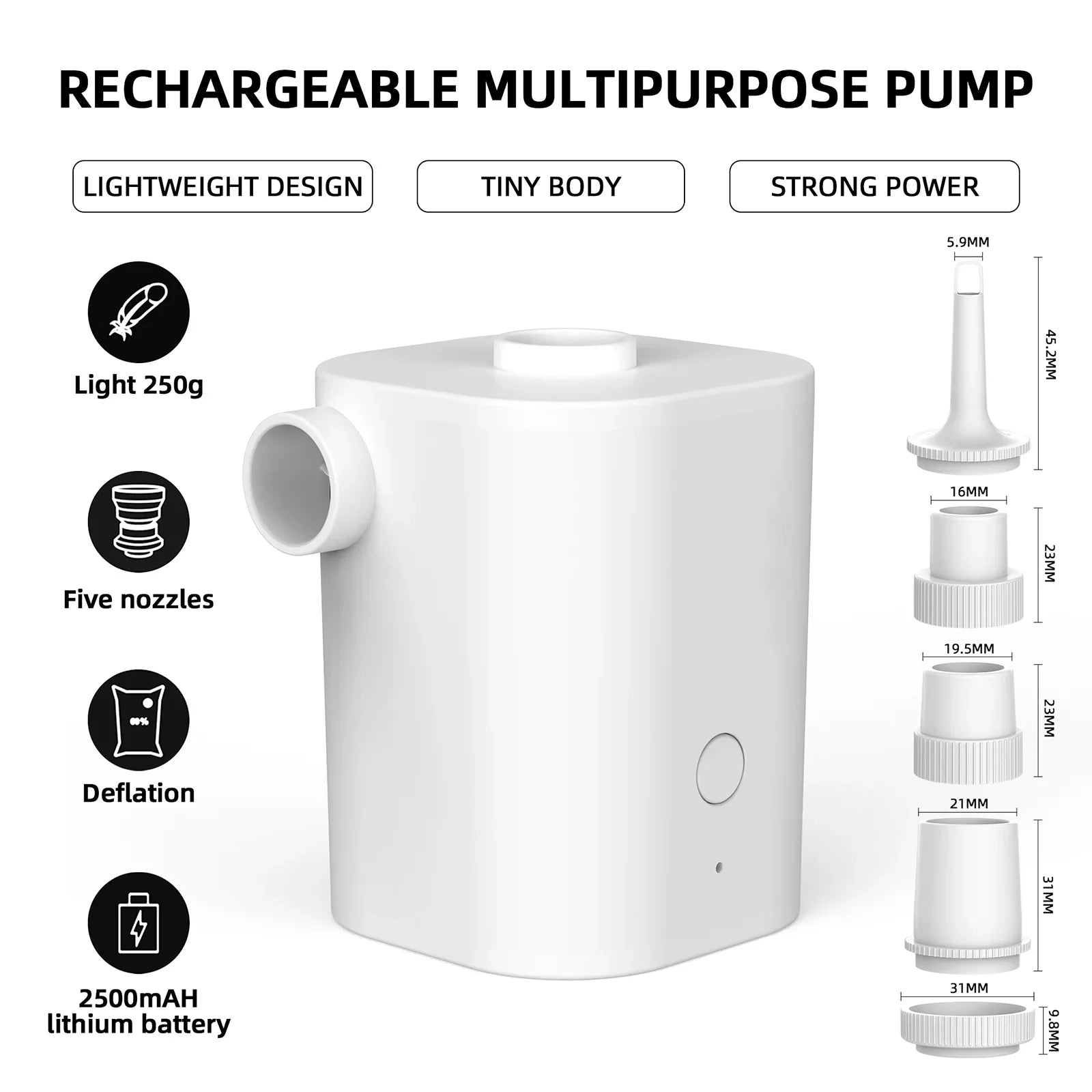 Pump 5 with Inflatables Air Electric Mattress Air USB Deflator Pool Swimming Pump Pumps for Nozzles Ring Inflator Air Toy Bed Air with 2500mAh Battery Quick
