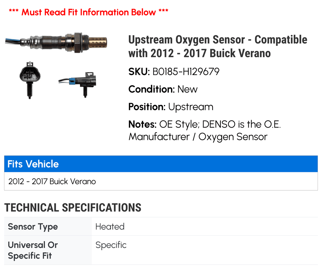 '- with 2012 Buick Verano 2017 Sensor 2015 Oxygen - Upstream 2016 Compatible 2014 2013