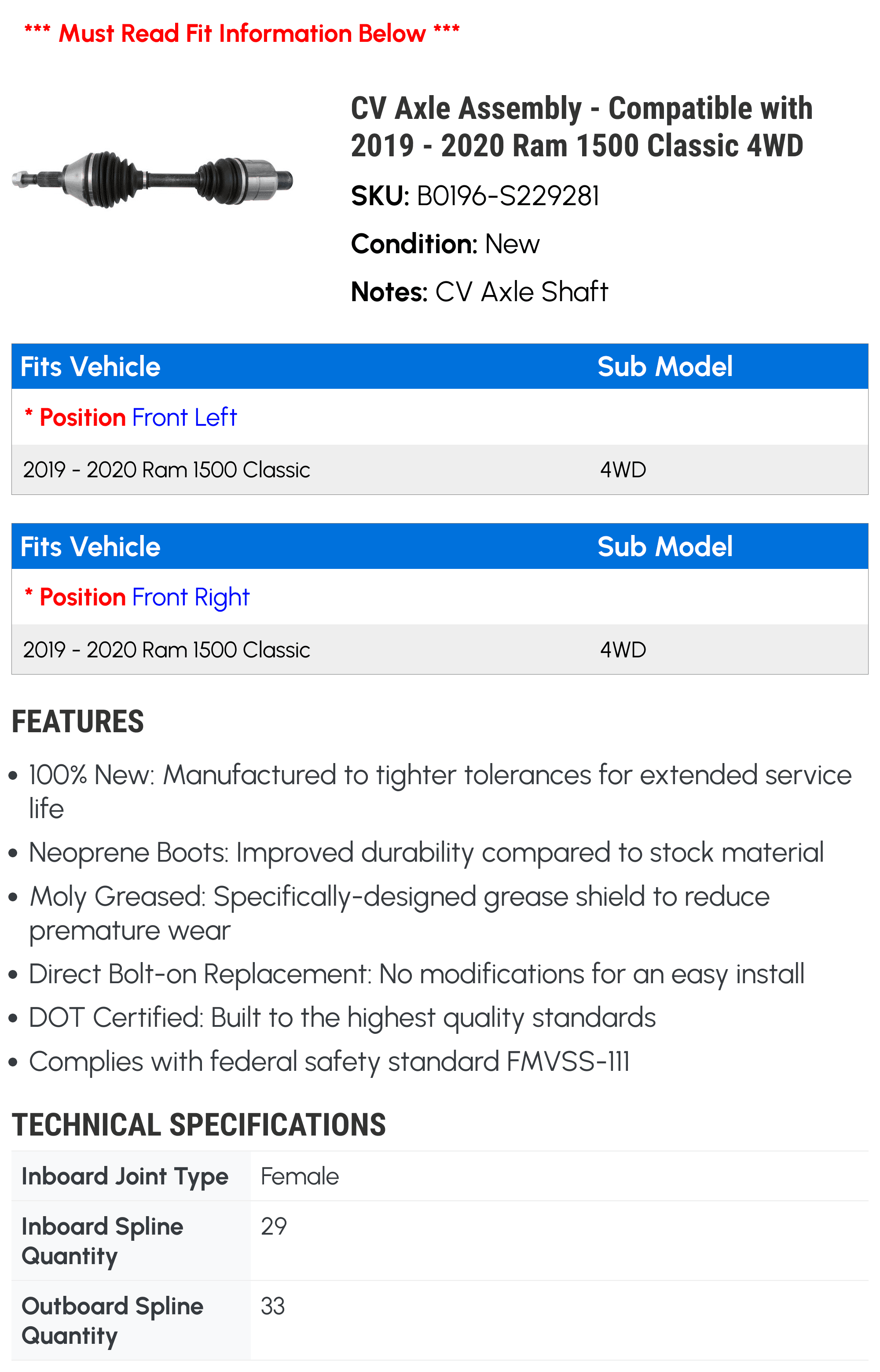 with CV Classic Axle - Ram - 2019 Assembly 2020 Compatible 1500 4WD