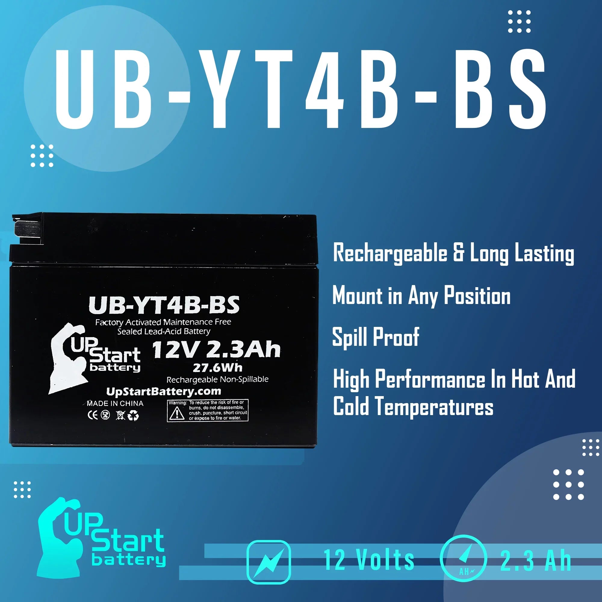 Maintenance Free, for 2.3Ah, 12V, - UpStart Activated, SR400 Factory Battery 2008 Yamaha 4-Pack Replacement Battery 400CC Motorcycle UB-YT4B-BS