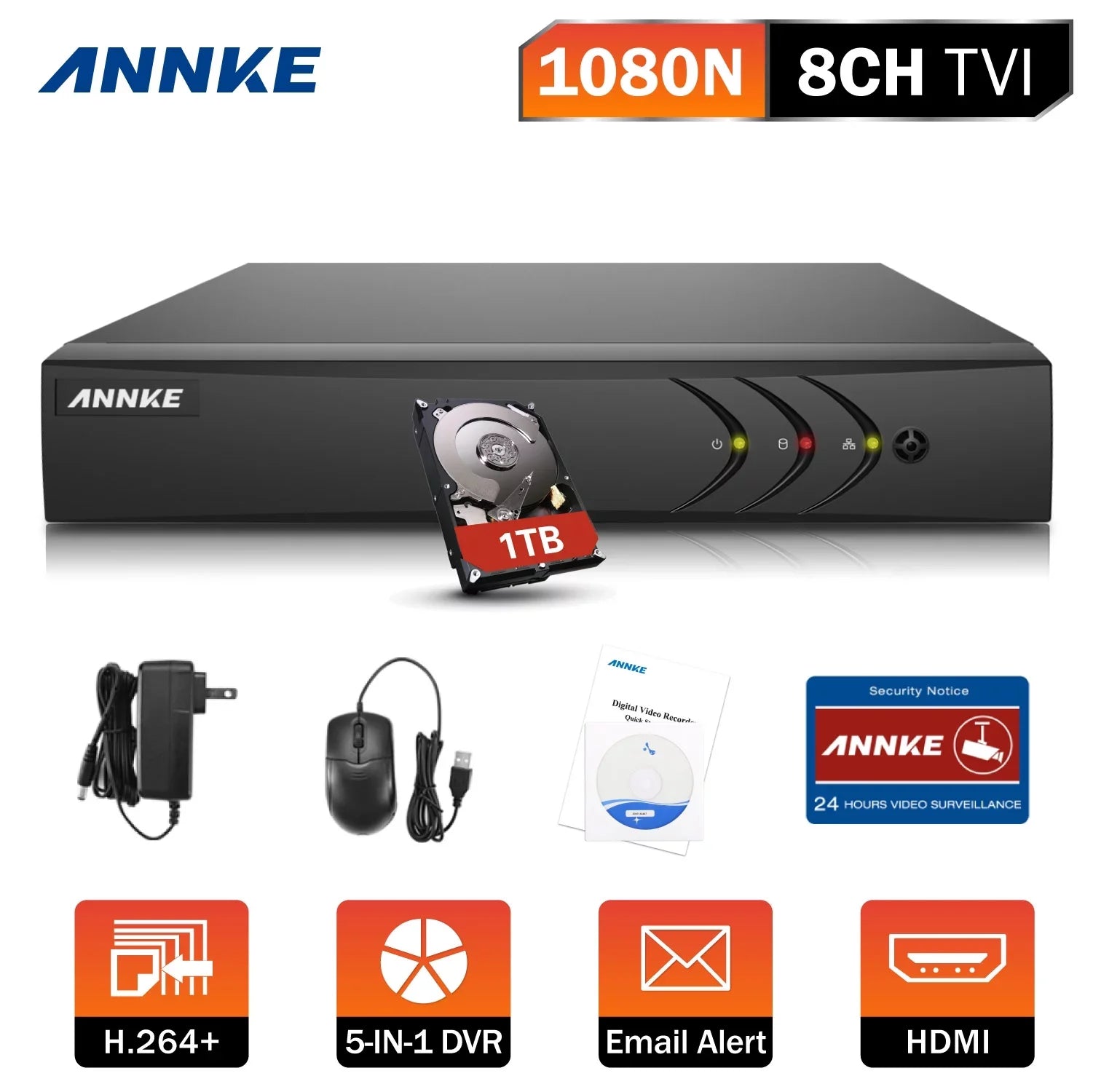 Video Efficiency,Motion Alert Compression Access Remote for Snapshots, DVR, Email 8-Channel Video Security with HD-TVI Bandwidth ANNKE Detection, 1080N H.264+