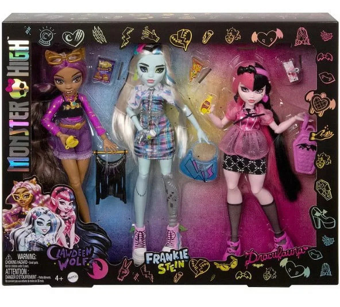 Doll High Monster Stein & Out 3-Pack Clawdeen Day Frankie Draculaura Wolf,