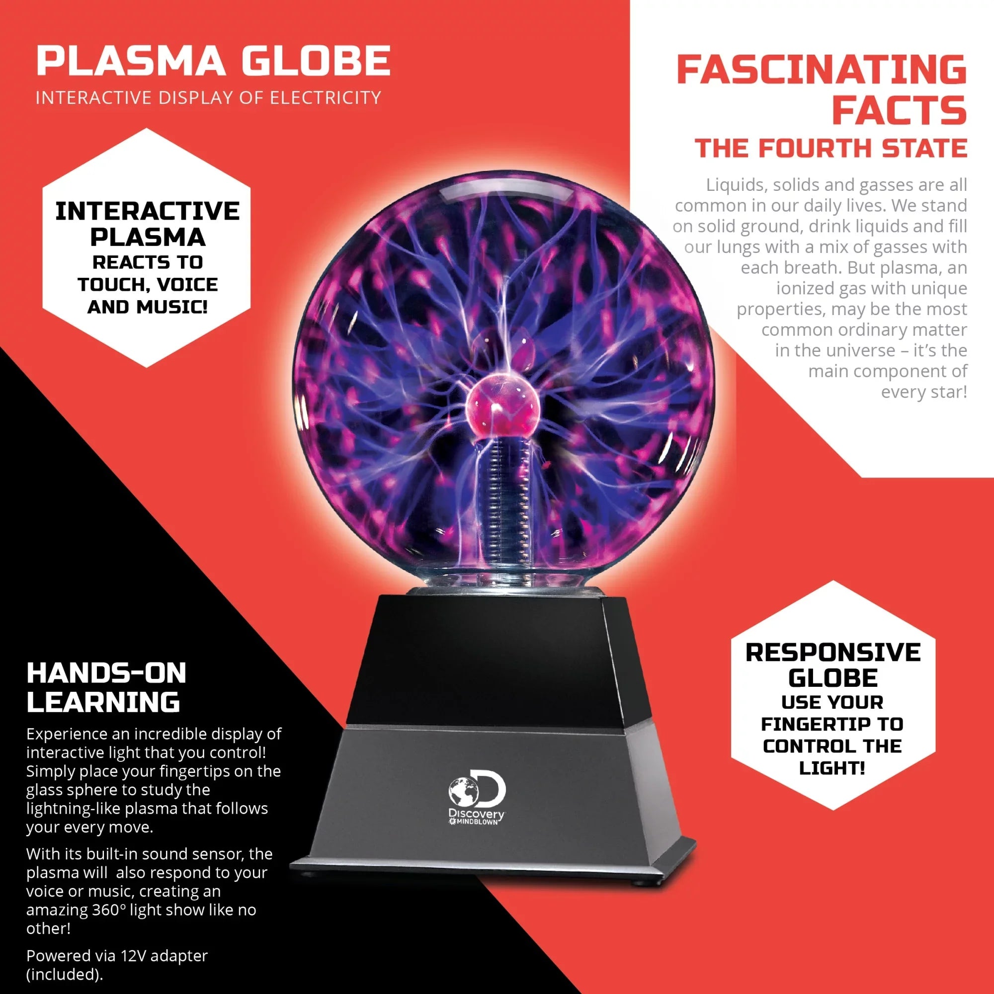 Sound and Sensitive AC Coil, Electric Kids Lamp Touch Adapter, Globe Discovery Plasma for Room Lightning with Lamp-design Desk, Lava Light Tesla STEM Interactive Glass and #Mindblown 6" Includes